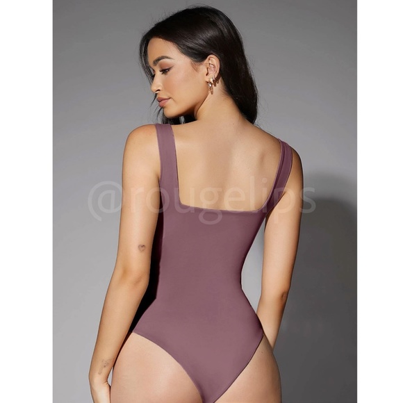 Mauve Purple Tank Bodysuit Square Neck Slim Fit Stretchy - Picture 3 of 7